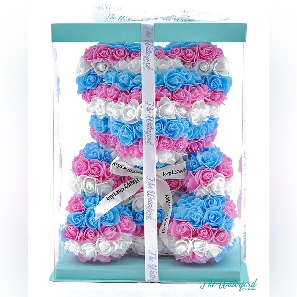 Waterford Collection Pink White and Baby Blue Rose Teddy Bear 16 inch New in Box